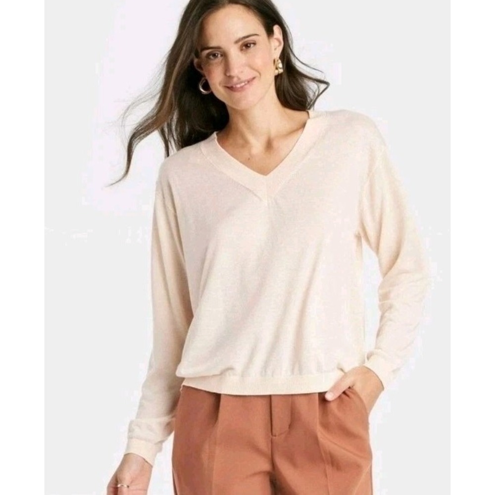 A New Day Women's Fine Gauge V-Neck Pullover Sweater Size XL Cream Color